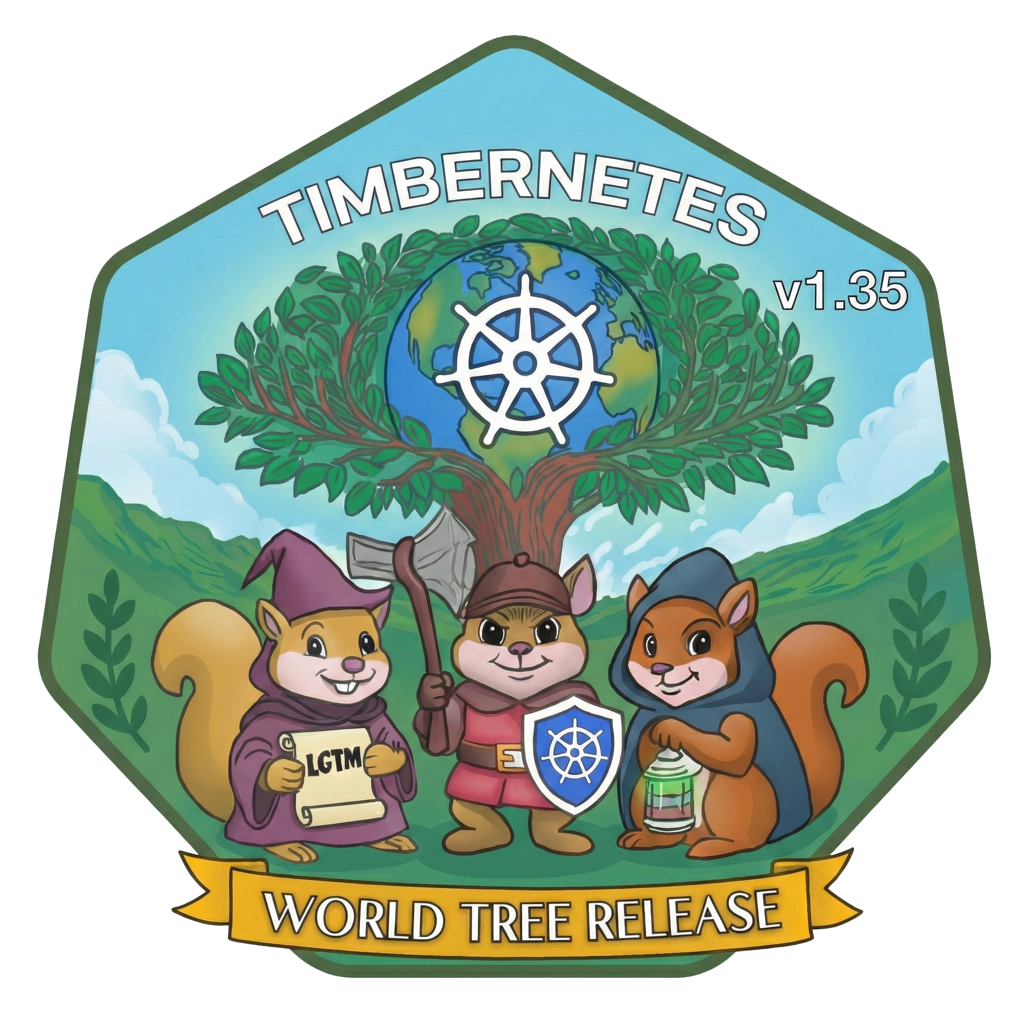 Kubernetes v1.35 Timbernetes 徽标:世界树与三只松鼠。